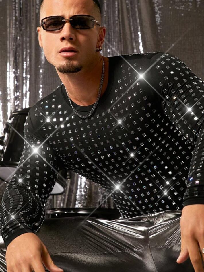 Bonga Boys Rhinestone Decorated Tight Fit Crew Neck Long Sleeve T-Shirt